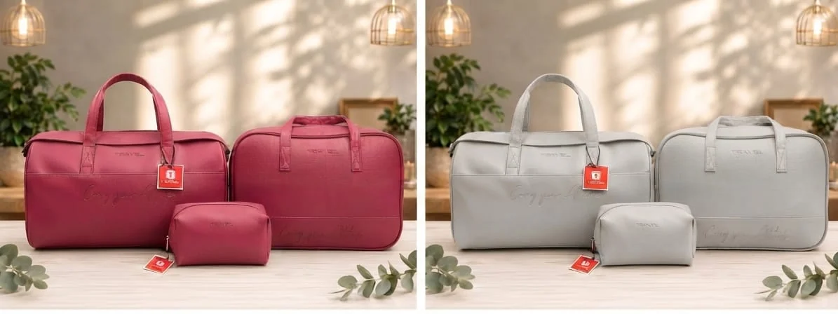 Travel bag sets with duffel, briefcase and pouch in burgundy and grey