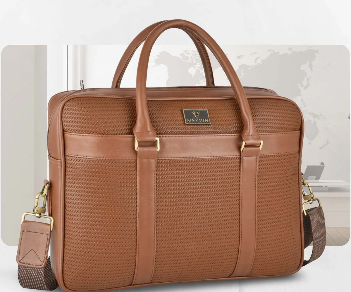 Tan textured-leather executive laptop bag with detachable shoulder strap