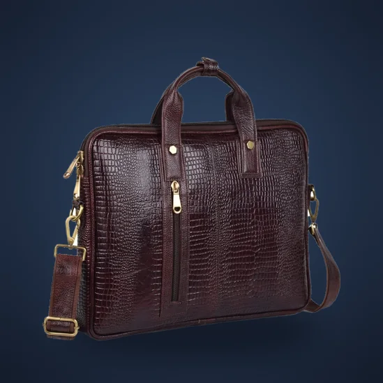 Croco-finish brown leather laptop bag with shoulder strap