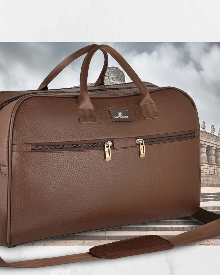 Brown duffel bag with shoulder strap