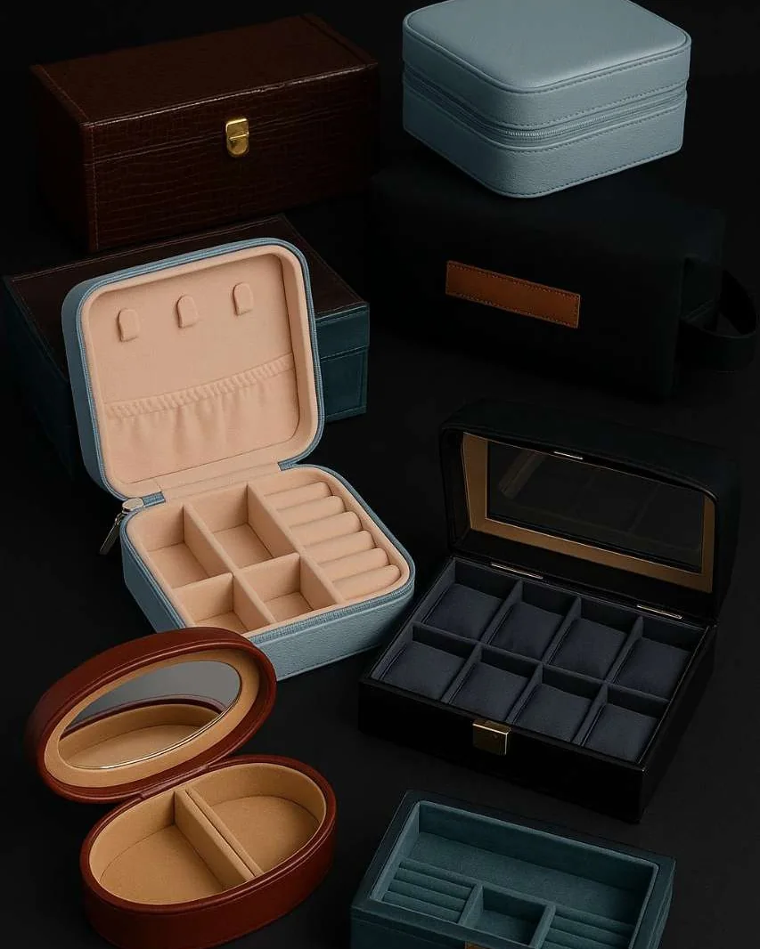 Jewellery and watch boxes in teal, tan and black leather