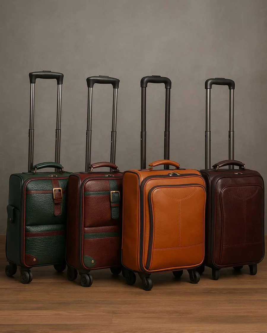 Four leather trolley bags in green, burgundy, tan and brown