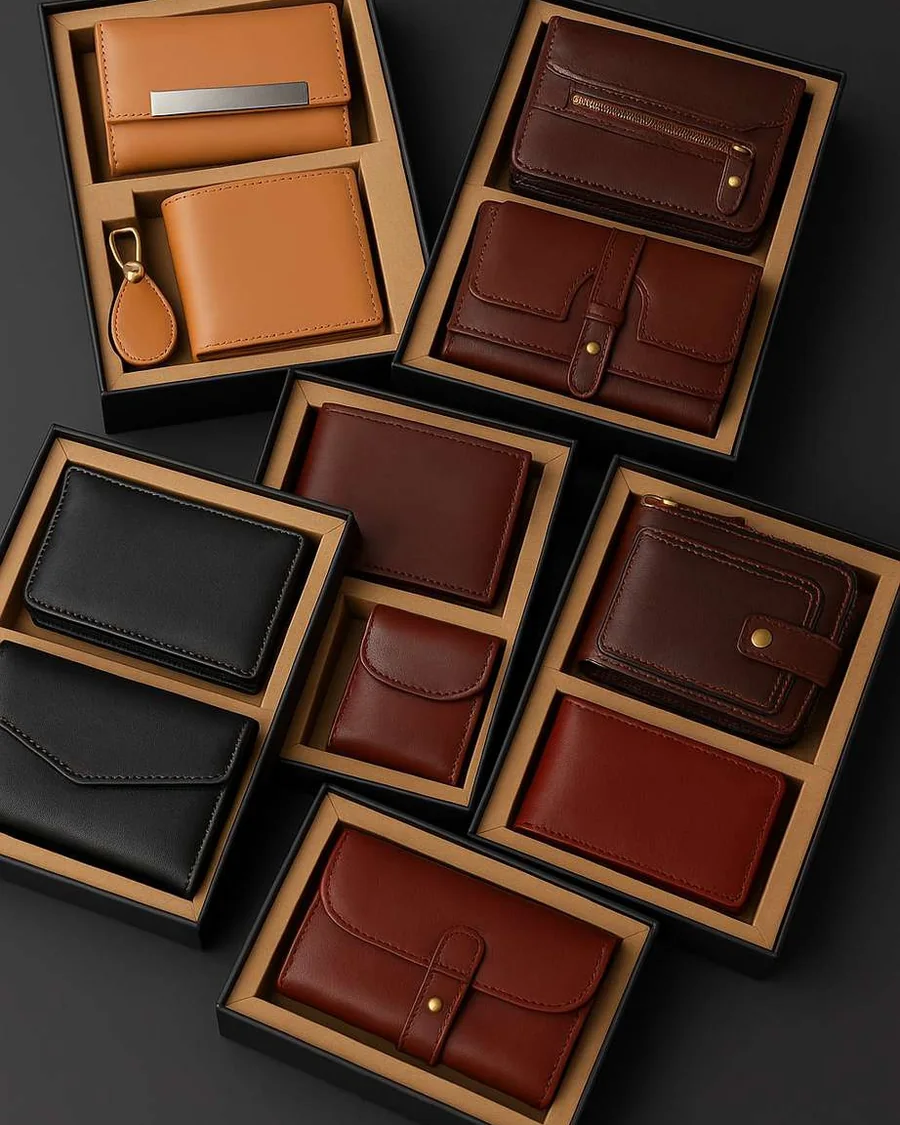 Leather gift sets arranged in open kraft-lined boxes on a dark surface