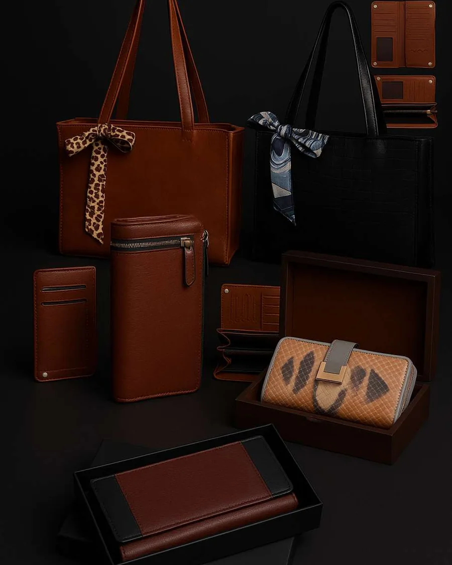 Tan leather handbags, wallets and accessories on a dark background