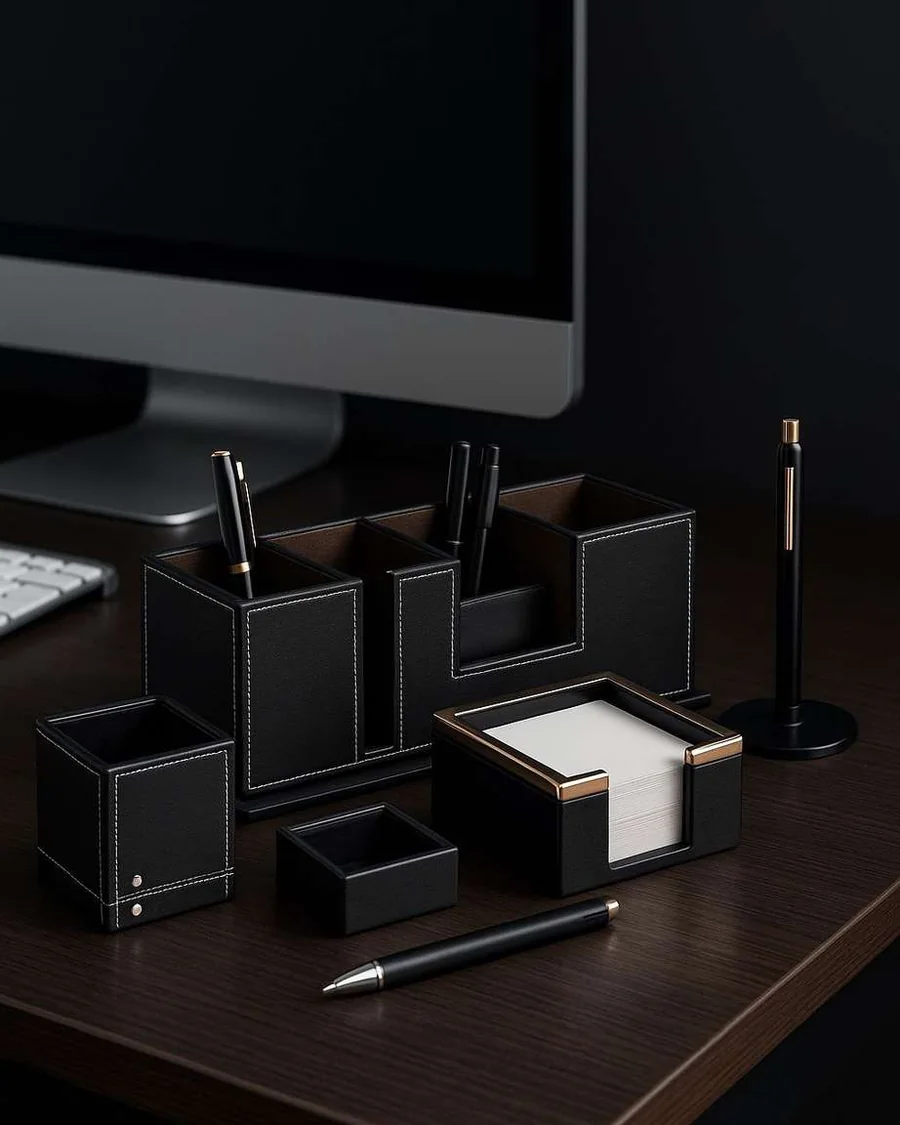 Black leather desk organiser set with pen holders and a note box on a desk