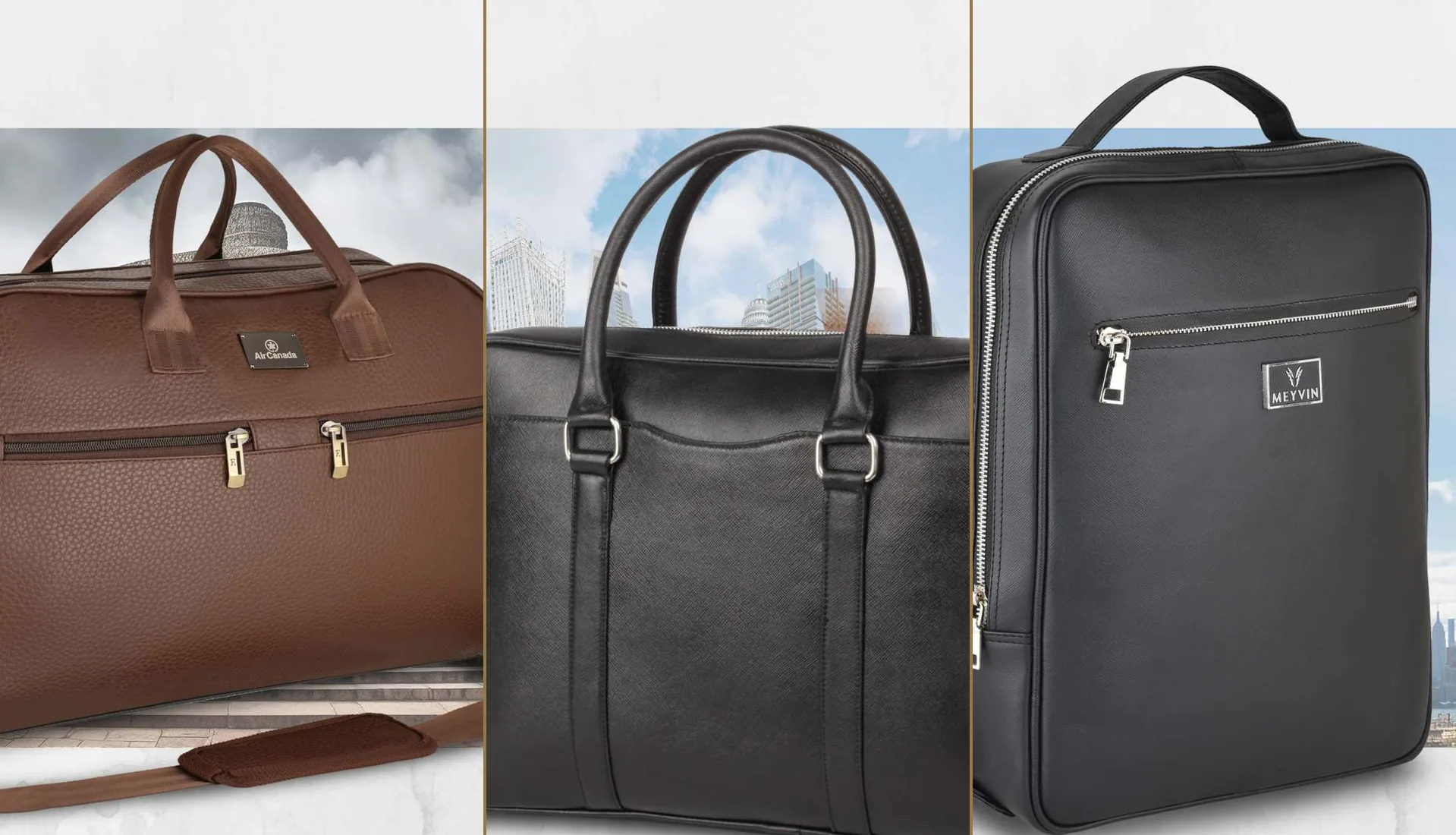 Executive bags: a brown duffel, a black laptop bag and a black backpack
