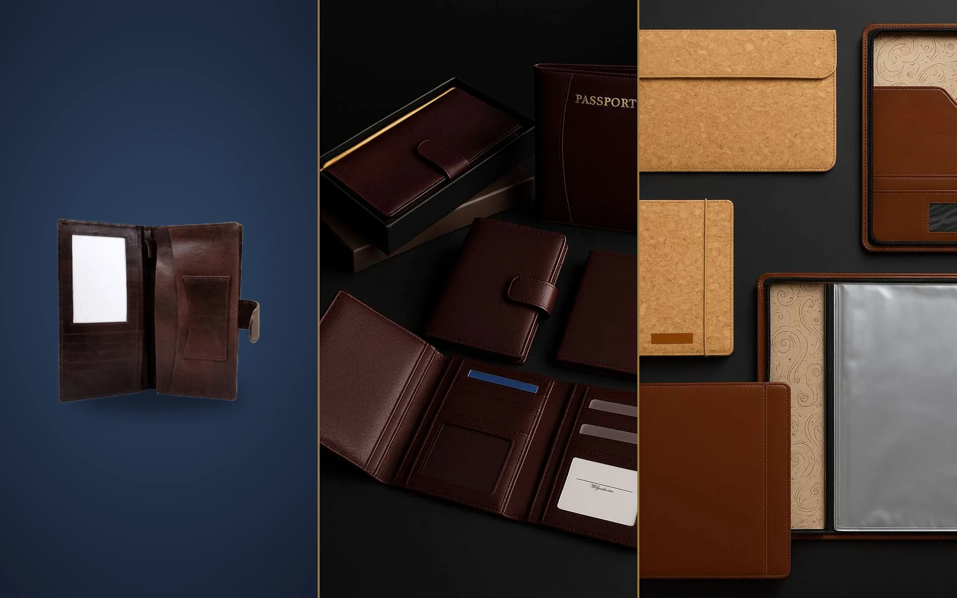 Leather ticket folders, passport covers and cork and leather file folders