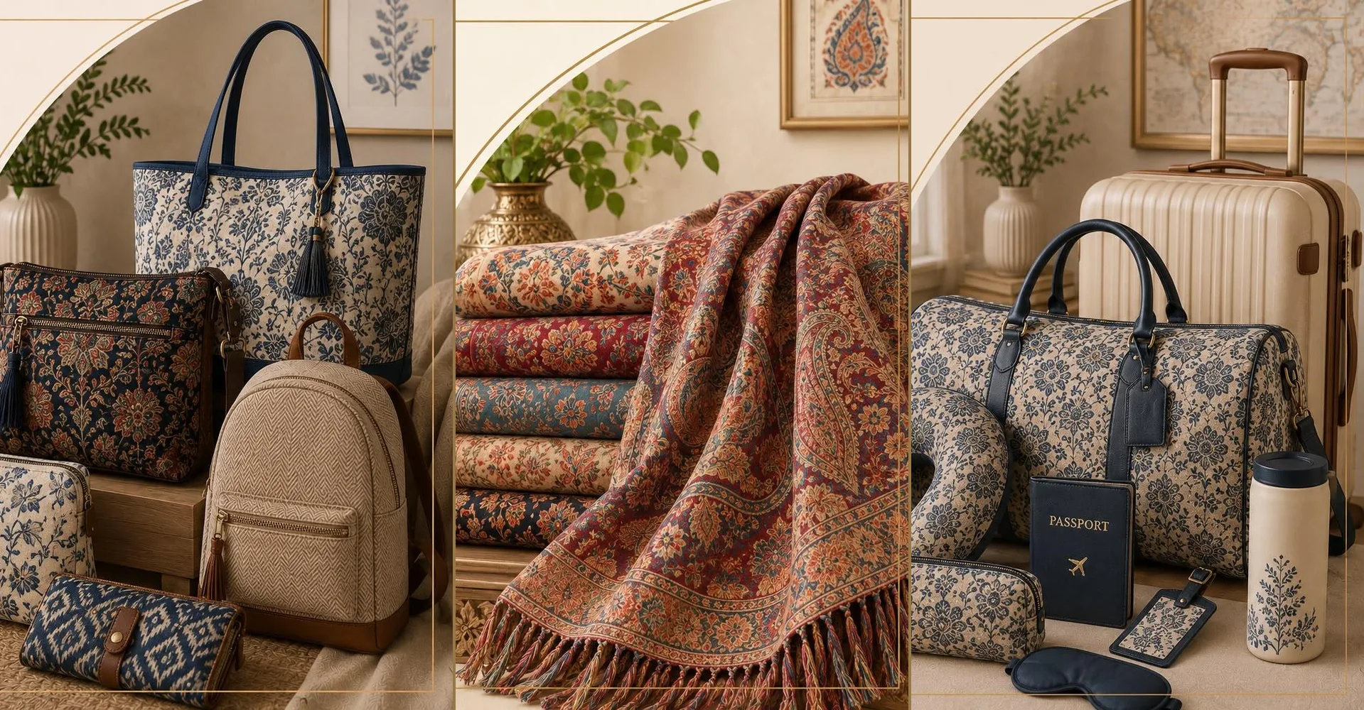 Printed tote and pouches, a paisley shawl stack and travel accessories from the festive collection