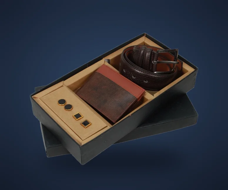 Leather wallet, belt and cufflinks in a gift box