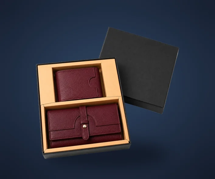 Burgundy leather set in a lidded black gift box