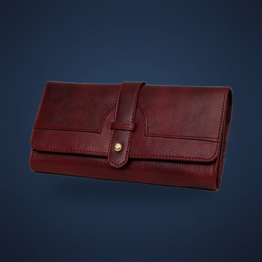 Burgundy pure leather ladies wallet with dome-button strap