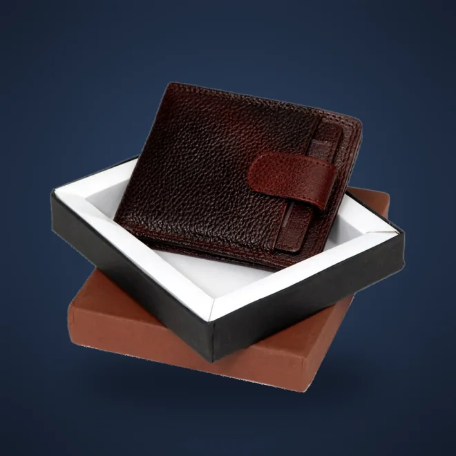 Brown textured leather wallet with snap tab in a white gift box