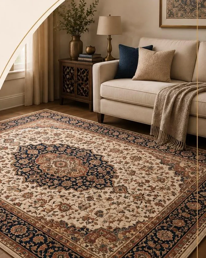 Living room with a traditional medallion carpet