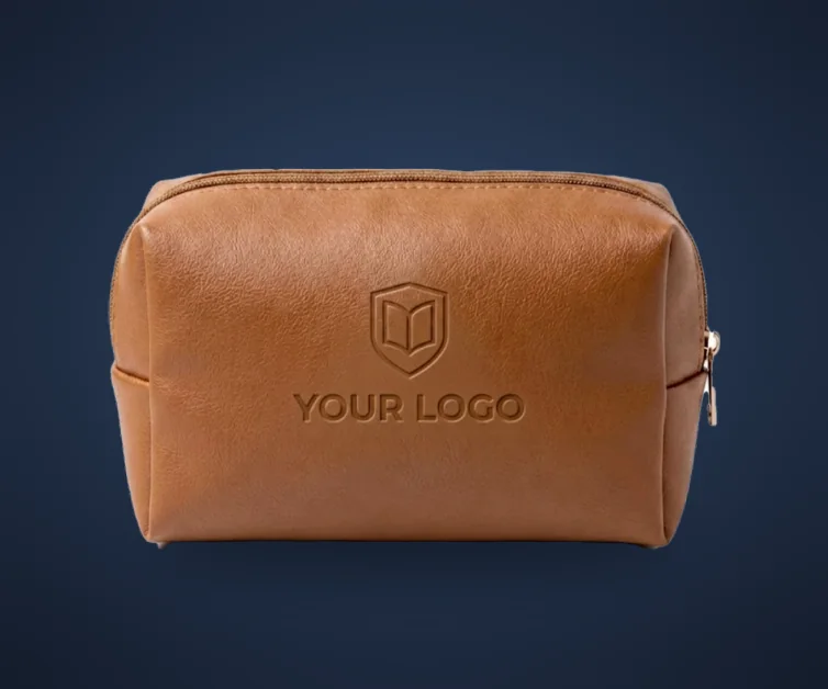 Tan PU pouch embossed with a sample logo placement